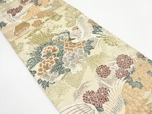 アンティーク　破れ色紙に柴垣・鶴・牡丹模様織り出し丸帯（材料）